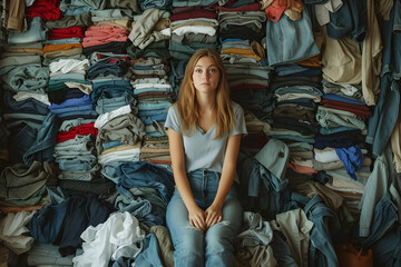 Wall Mural - A young girl is overwhelmed with a pile of clothes. Overconsumption problem concept