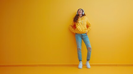 Young happy fun woman wear knitted yellow sweater headphones listen to music with closed eyes have fun isolated on yellow background studio portrait. People lifestyle concept.