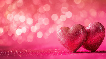 Two sparkling glitter hearts on blurred pink background. Valentine's day. Copy space. Romantic concept. Generative AI.