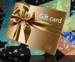 Wall Mural - Here is a gold gift card with a ribbon and bow in a 3-d illustration.