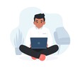 Colored man working with computer, home office, student or freelancer. Concept illustration in flat style