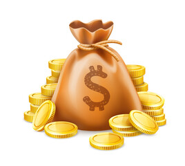 Wall Mural - Full sack of cash money corded with rope and heaps gold coins. Banking concept financial realistic icon moneybag. Isolated on. PNG Illustration.