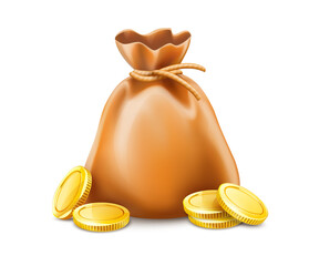 Wall Mural - Full sack of cash money corded with rope and heaps gold coins. Banking concept financial realistic icon moneybag. Isolated on. PNG Illustration.