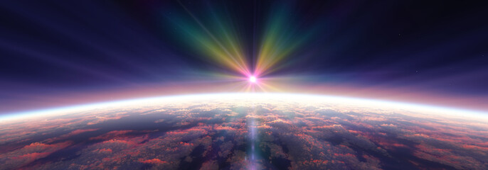Wall Mural - earth sunrise from space over cloudy ocean. 3d rendering
