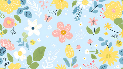 Wall Mural - Colorful spring pattern background with colorful summer flowers on the light blue background. Spring conceptual artwork