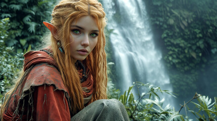 Wall Mural - Portrait of a woodland female elf with a waterfall on the background. (AI generated)