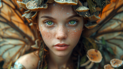 Wall Mural - Portrait of a woodland female elf with mushrooms. (AI generated)