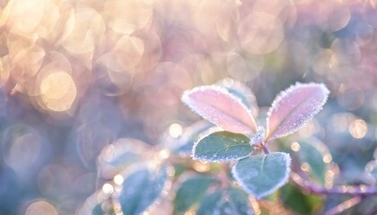  Pale pastel background with colorful leaves covered with frost. Bokeh light, copyspace. 