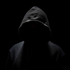 Wall Mural - A mysterious hacker wearing a black hood in the dark, isolated and concealed, evoking intrigue and suspense in cybersecurity and technology