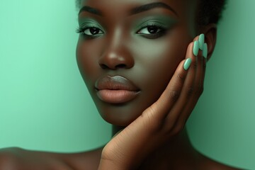 Canvas Print - African American woman touches her face by a hand with long nails and green manicure on green wall