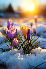 Colorful crocus flowers and grass growing from the melting snow and sunshine in the background. Concept of spring coming and winter leaving.