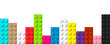 Colored plastic toy bricks on white background. Realistic vector bricks with free space for your text. Abstract banner