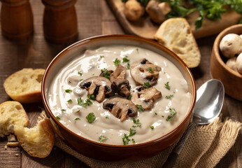 Wall Mural - Creamy mushroom soup with sliced mushrooms and parsley