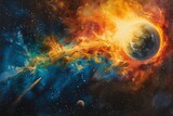 Fototapeta  - A surreal watercolor celestial display featuring an array of colorful planets aligned, framed by a delicate nebula ribbon, perfect for wall art wallpaper