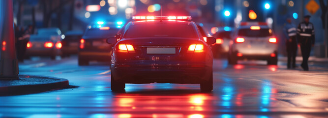 Poster - Police car on the road at night, responding with flashing lights