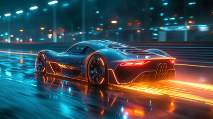 Long exposure of speeding super car in the middle of highway of huge city, night lights, car light trails and blurred lights, speed motion blur background, super fast car, modern transport, luxury 