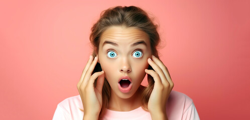 Wall Mural - Portrait of teenage girl with a surprised facial expression. Isolated on red background.