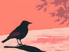 Striking Black Bird Silhouette On Salmon Pink - Avian Elegance|Raven Or Crow Perched On Branch Illustration, Nature's Solitude Concept, Symbol Of Mystery & Intelligence
