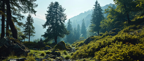 Sunlight bathes a forest trail with mountain peaks above