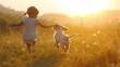 A playful scene of a child and a puppy running together in a sunlit meadow, capturing the pure delight of friendship