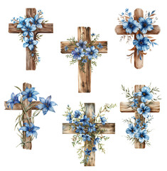 Wall Mural - Set of wooden crosses with blue flowers. Easter border, christian banner. Watercolor hand drawn Easter cards, for Christian prints, religious publications