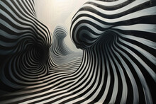 Geometric Abstract Painting With An Optical Illusion Effect, Using Black And White Lines To Create Depth And Perspective