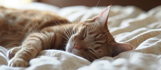 Sticker - A Felidae carnivore, the cat, is comfortably napping on the bed with closed eyes, its small to medium-sized body covered in fur, whiskers, and ears.