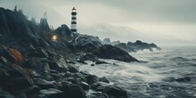 A Lighthouse On A Rocky Shore In The Foggy Weather.