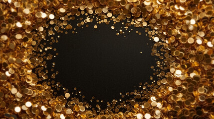 Wall Mural - Elegant black and gold glitter background with central copy space, ideal for luxury branding, festive occasions, or New Year's celebration designs