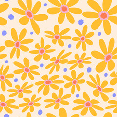 1970 Daisy Seamless Pattern in trendy Hippie Aesthetic. Flat Hand Drawn Vector Illustration. Kids Graphic Cover, Sticker, Wallpaper.