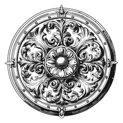 Wall Mural - circle shape shield element with old engraving style