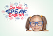 Beautiful cute little girl with eyeglasses hiding under a table, looking at the illustrations and do you speak English text above her head.  Foreign language learning concept.