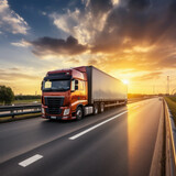 Fototapeta Przestrzenne - Transportation industry concept: Container truck on highway at sunset. AI generative.
