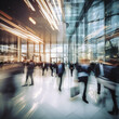 © น้ำฝน สามารถ - Witness the energetic pulse of corporate life in this AI generative image, capturing the fast-moving blur of business people navigating a bright office lobby.