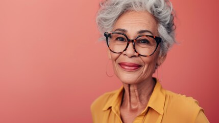 Wall Mural - A smiling elderly woman with gray hair wearing glasses and a yellow blouse against a pink background.