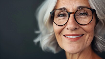 Sticker - Smiling woman with gray hair and glasses looking directly at the camera.