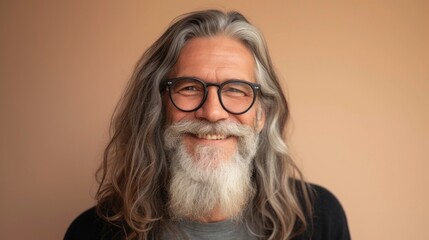 Wall Mural - A bearded man with long gray hair and glasses smiling against a warm-toned background.