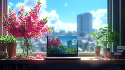 Laptop and coffee on table by the window with flower vase decoration, working concept. seamless looping 4k time-lapse animation video background