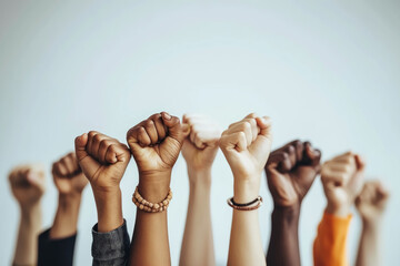 Wall Mural - A diverse Women's Fists Wearing Equality Bracelets Against White Backdrop for International Women's Day