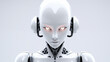 Portrait d'une femme robot humanoïde sur fond blanc. Représentation d'une intelligence artificielle hostile.
