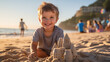 © ZethX - A boy playing in the sand on a sandy beach, building a sandcastle, focused and joyful.