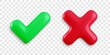 Vector 3d checkmarks icon set on transparent background. Glossy yes tick and no cross buttons with shadow. Green plastic check mark and red X symbol realistic 3d render. Right and wrong sign set