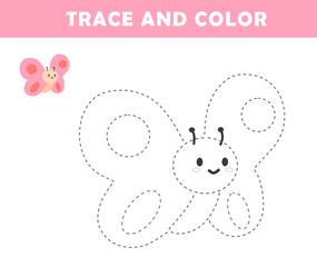 Wall Mural -  Trace and color for children. Handwriting practice. Coloring page for kids. Preschool worksheet with cute butterfly illustration.