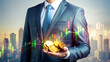 investment and finance concept, businessman holding virtual trading graph and coins on hand, stock market