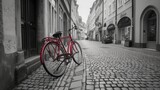 Fototapeta Do pokoju - Retro vintage red bike on cobblestone street in the old town. Color in black and white. Old charming bicycle concept.