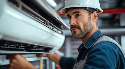 Aufkleber - Technician man working on air conditioning indoor unit, HVAC worker professional occupation. Generative AI.