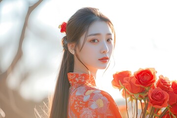 portrait of a Chinese woman wearing traditional clothes holding a bunch of red roses