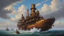 Steampunk Coastal Explorer - Industrial Steampunk Oil Sea Painting