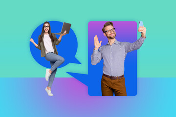 Wall Mural - Creative collage picture illustration two attractive smile excited young couple man woman video call distance colorful background