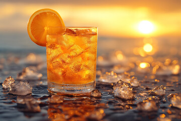 Yellow cocktail against sunset background. Alcoholic or non-alcoholic drinks on a landscape background.